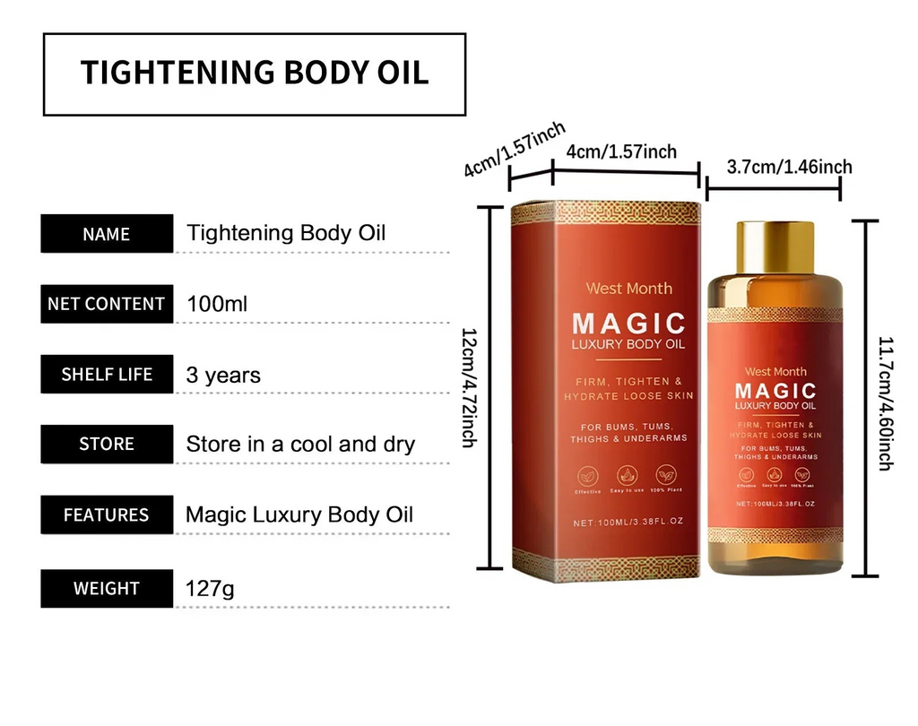 West & Month Tightening Body Oil packaging with dimensions and product details on a white background